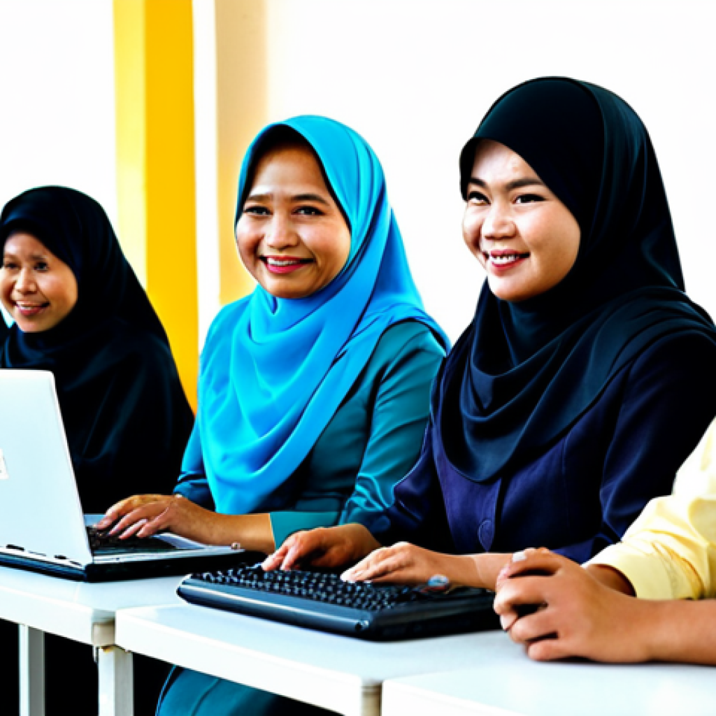Community Education**
A group of Malaysian adults, fully clothed in modest traditional attire, participating in a computer literacy workshop in a community center. The setting is bright and welcoming, with laptops and learning materials visible. Focus on the engagement and interaction of the participants. Safe for work, appropriate content, family-friendly, perfect anatomy, natural proportions, professional photo.
**