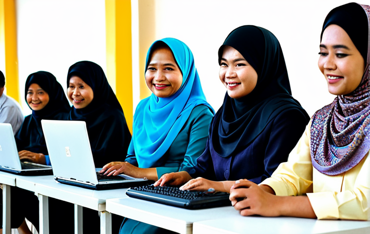 Community Education**
A group of Malaysian adults, fully clothed in modest traditional attire, participating in a computer literacy workshop in a community center. The setting is bright and welcoming, with laptops and learning materials visible. Focus on the engagement and interaction of the participants. Safe for work, appropriate content, family-friendly, perfect anatomy, natural proportions, professional photo.
**