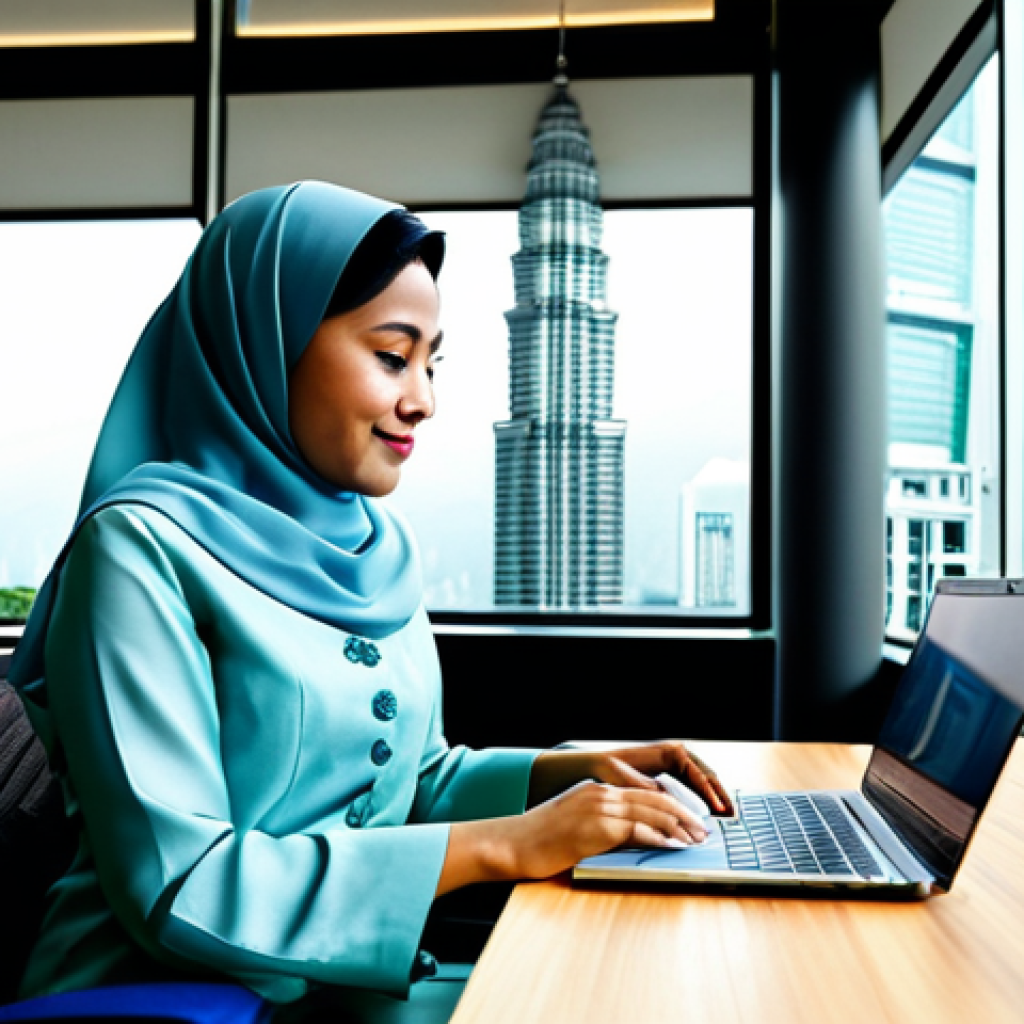 지식 활용 실천 프로젝트의 지속적인 피드백 시스템 - **
A professional Malay businesswoman in a modest baju kurung, working on a laptop at a coworking s...