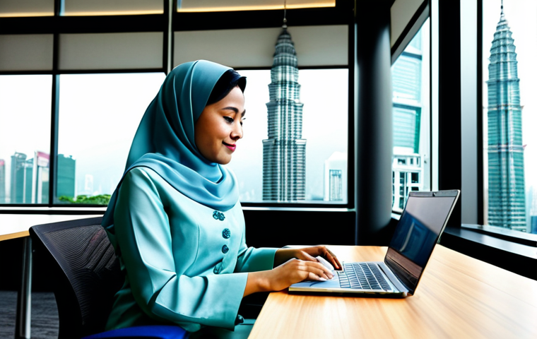 지식 활용 실천 프로젝트의 지속적인 피드백 시스템 - **
A professional Malay businesswoman in a modest baju kurung, working on a laptop at a coworking s...