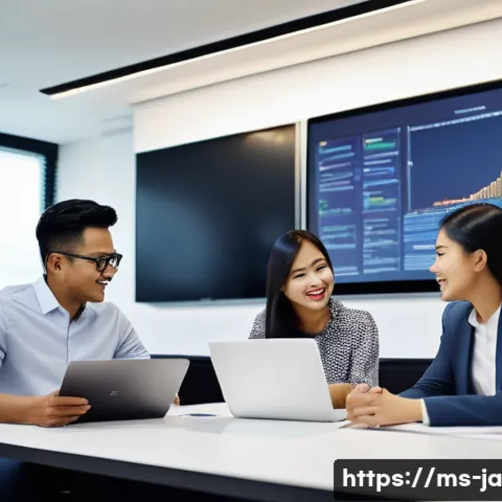 지식 활용 실천 프로젝트의 커뮤니케이션 전략 - A diverse Malaysian project team in a modern office setting, engaging in an open sharing session wit...