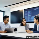 Home 19 지식 활용 실천 프로젝트의 커뮤니케이션 전략 - A diverse Malaysian project team in a modern office setting, engaging in an open sharing session wit...