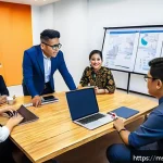 Home 18 효과적인 지식 관리 시스템 구축하기 - A modern Malaysian office environment showing a diverse group of professionals engaged in a knowledg...