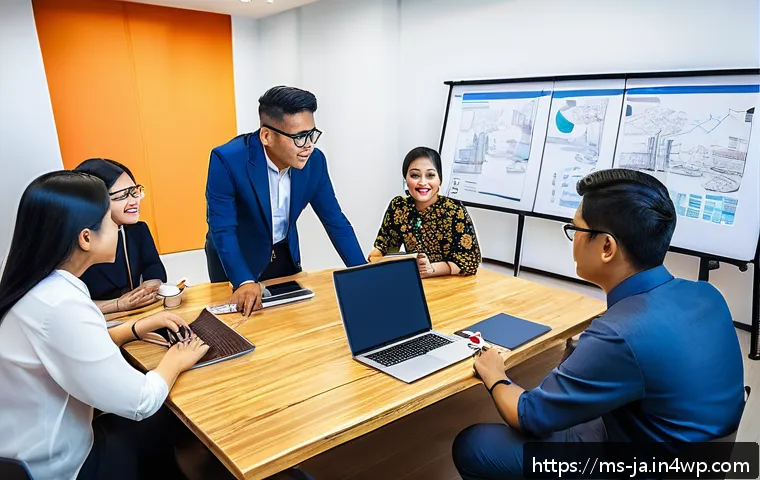효과적인 지식 관리 시스템 구축하기 - A modern Malaysian office environment showing a diverse group of professionals engaged in a knowledg...