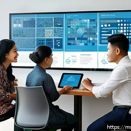 Home 17 지식 활용 실천 프로젝트의 목표 달성 사례 - A modern Malaysian office environment with diverse professionals collaborating around a digital proj...