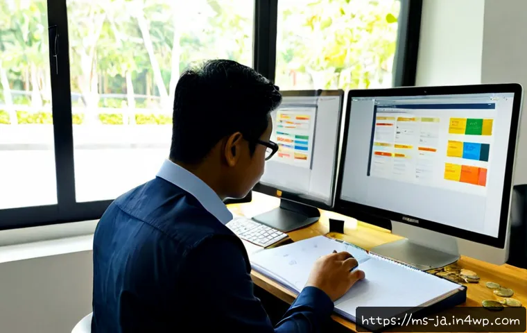 Home 17 지식 활용 실천 프로젝트 관리 소프트웨어 비교 - Photorealistic Malaysian project manager in a bright Kuala Lumpur coworking office, comparing two un...